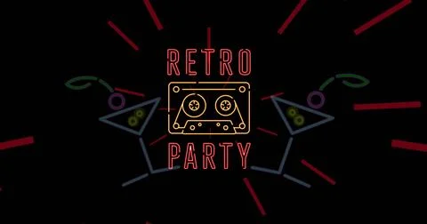 Image of retro party text with audio cassette and neon cocktails on black with Stock Photos