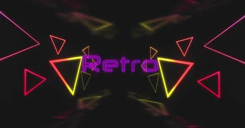 Image of retro text over neon shapes on black background Stock Illustration