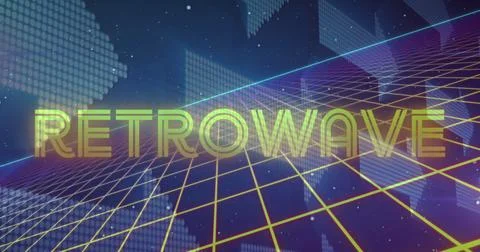 Image of retrowave text over a grid and multiple floating arrows 스톡 일러스트
