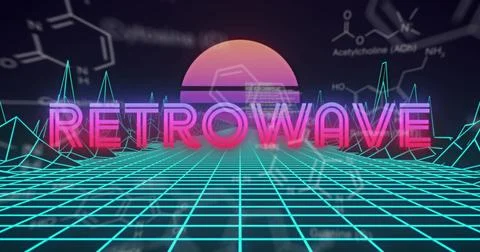 Image of retrowave text over grid graphs and statistics and digital terrain Stock Photos