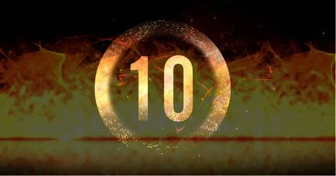 Image of ring and glowing number ten in dramatic countdown over flaming fire Stock Illustration