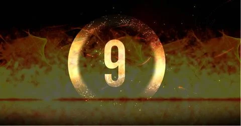Image of ring and glowing number nine in dramatic countdown over flaming fire Stock Illustration