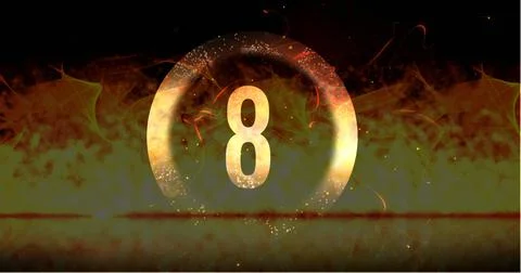 Image of ring and glowing number eight in dramatic countdown over flaming fire Stock Illustration