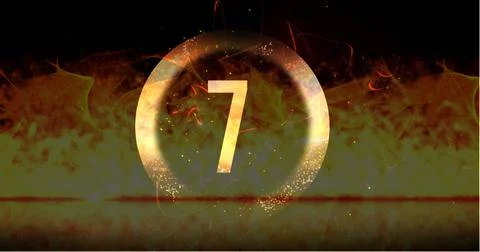 Image of ring and glowing number seven in dramatic countdown over flaming fire Illustrazione stock