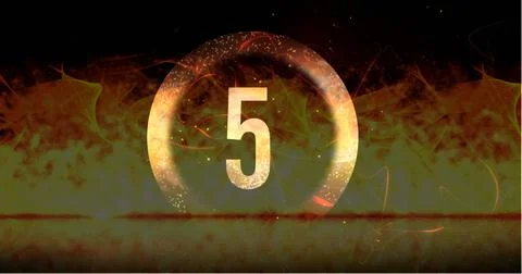 Image of ring and glowing number five in dramatic countdown over flaming fire Illustrazione stock
