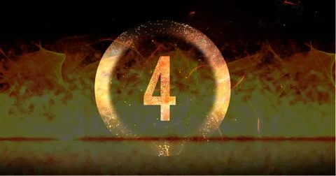 Image of ring and glowing number four in dramatic countdown over flaming fire Stock Illustration
