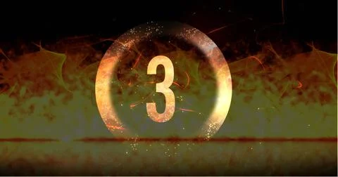 Image of ring and glowing number three in dramatic countdown over flaming fire Stock-Illustration