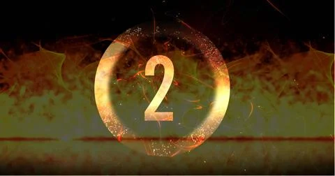Image of ring and glowing number two in dramatic countdown over flaming fire Illustrazione stock