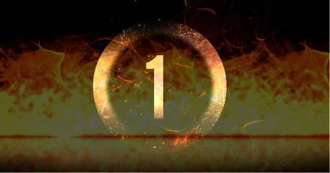 Image of ring and glowing number one in dramatic countdown over flaming fire Stock Illustration