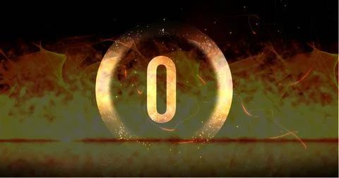 Image of ring and glowing number zero in dramatic countdown over flaming fire 스톡 일러스트