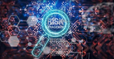 Image of risk management text over reading glass and data processing Illustrazione stock