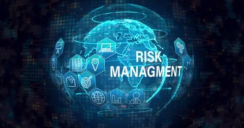 Image of risk managment text with icons over globe on black background Stock Illustration