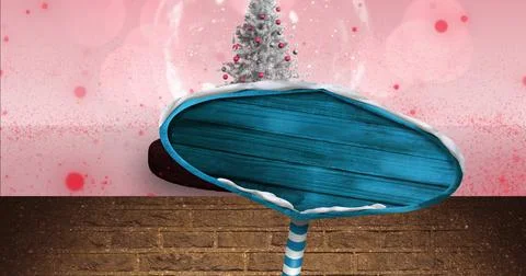 Image of road sign with copy space over glowing spots and snow globe on pink Ilustração Stock