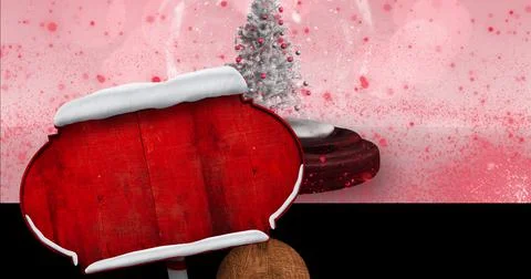 Image of road sign with copy space over snow globe and glowing spots on pink Ilustração Stock