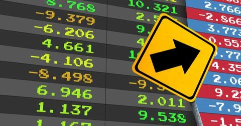 Image of road sign over stock market Ilustração Stock