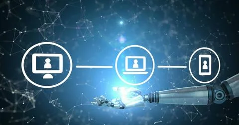 Image of robot arm holding flowchart with laptop, computer, phone icons over Stock Illustration