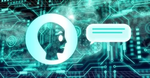 Image of robot, binary codes in speech bubble, dynamic wave and circuit board 库存照片