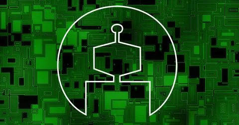 Image of robot in circle icon with ai text over green shapes moving Stock Illustration