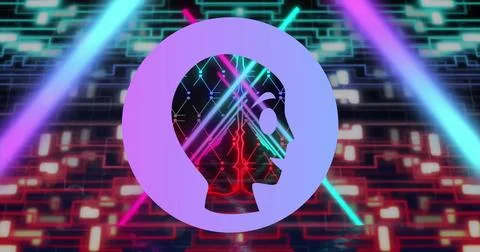Image of robot in circle with illuminated abstract tunnel and moving lines over Stock Photos