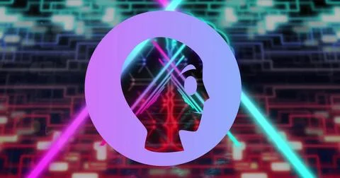 Image of robot in circle with illuminated abstract tunnel and moving lines over Stock Photos