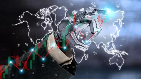 Image of robot hand pointing arrow up stock graph and chart background. Art.. Stock Photos