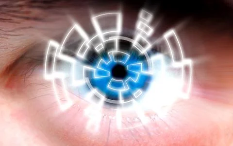 Image of Robot human eye digital cyber screen Foto stock