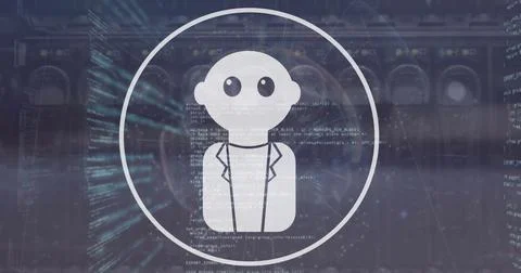 Image of robot icon in circle with computer language over cables Foto stock