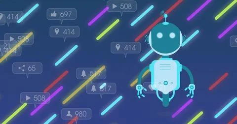 Image of robot, multiple notification bars over multicolored lines against Illustrazione stock