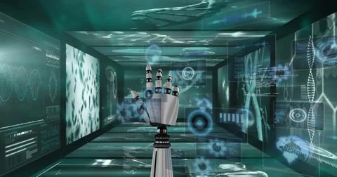 Image of robotic arm over data processing on black background 스톡 사진