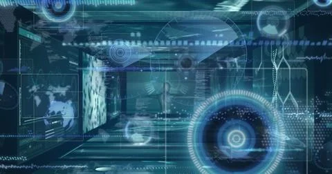 Image of robotic arm over data processing on black background Foto stock