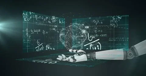 Image of robotic arm with shape over mathematical equations Stock Illustration