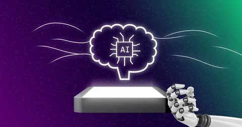 Image of robotic hand with brain with ai text on blue background Stock Photos