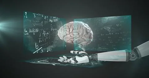 Image of robotic hand holding brain over mathematical equations 스톡 일러스트