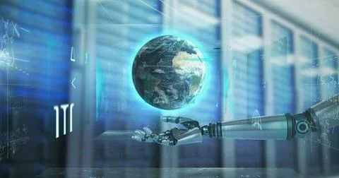 Image of robotic hand holding globe over mathematical equations and server room Illustrazione stock
