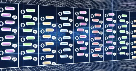 Image of robots and message boxes in rectangles with grid pattern against 스톡 사진