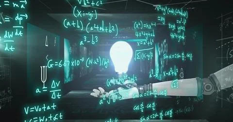 Image of robot's arm, mathematical formulae and scientific data processing over 스톡 사진