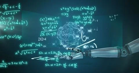 Image of robot's arm, mathematical formulae and scientific data processing over 스톡 사진