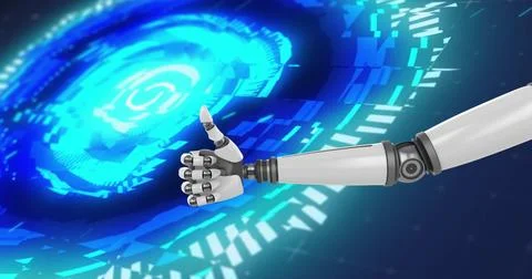 Image of robot's hand with thumbs up scopes scanning on blue background イラスト素材