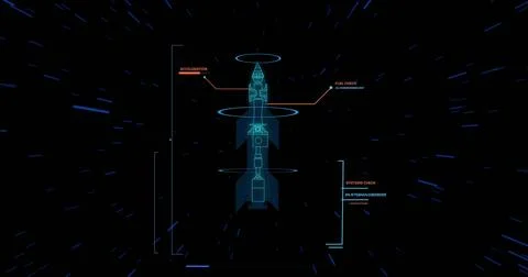 Image of rocket model with data processing over light trails on black background Stock Photos