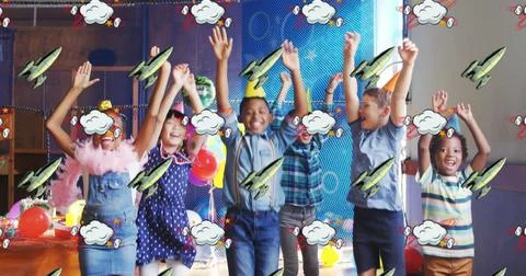 Image of rockets and cloud cartoon retro speech bubbles over group of children Stock Illustration