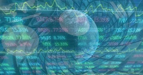 Image of rolling graphs with data and information over globe spinning Stock Photos
