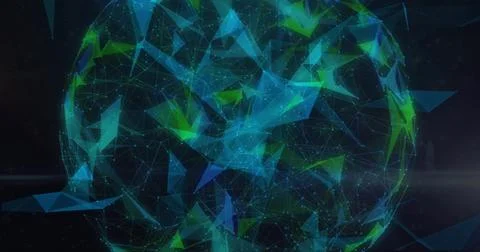 Image of rotating 3d sphere of green and blue networks on black background Stock Photos