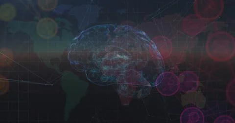 Image of rotating brain with connections over world map and diverse data Stock Illustration