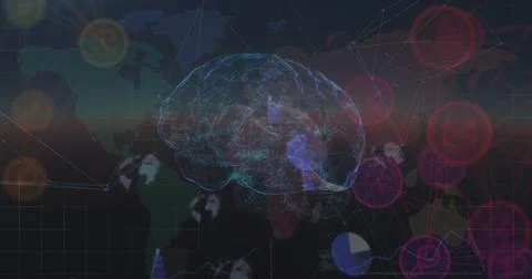 Image of rotating brain with connections over world map and diverse data Ilustração Stock