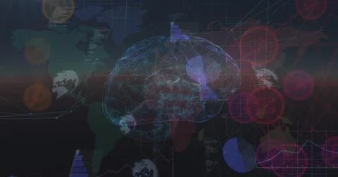 Image of rotating brain with connections over world map and diverse data Ilustração Stock