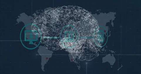 Image of rotating brain with connections over icons and world map Ilustração Stock