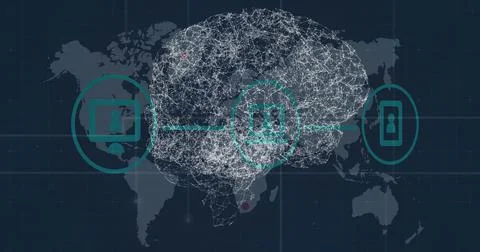 Image of rotating brain with connections over icons and world map Ilustração Stock