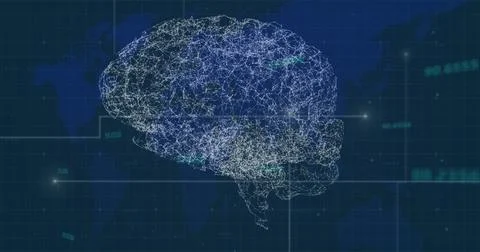 Image of rotating brain with connections over world map and diverse data Stock Illustration