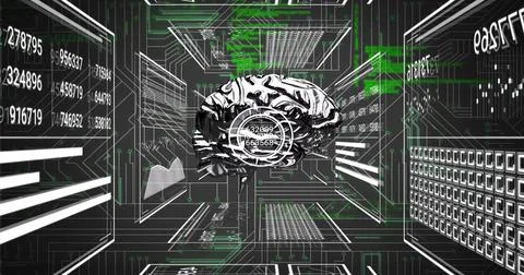 Image of rotating brain rotating over interface screens with charts and Stock Photos