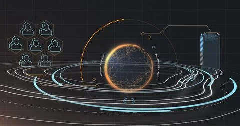 Image of rotating circles over data processing in green and black space Stock Illustration